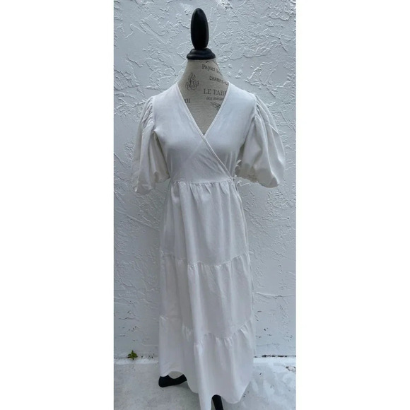 Nasty Gal Collection Womens Cotton Puff Sleeve Wrap Midi Dress White Sz 4 - Picture 5 of 9